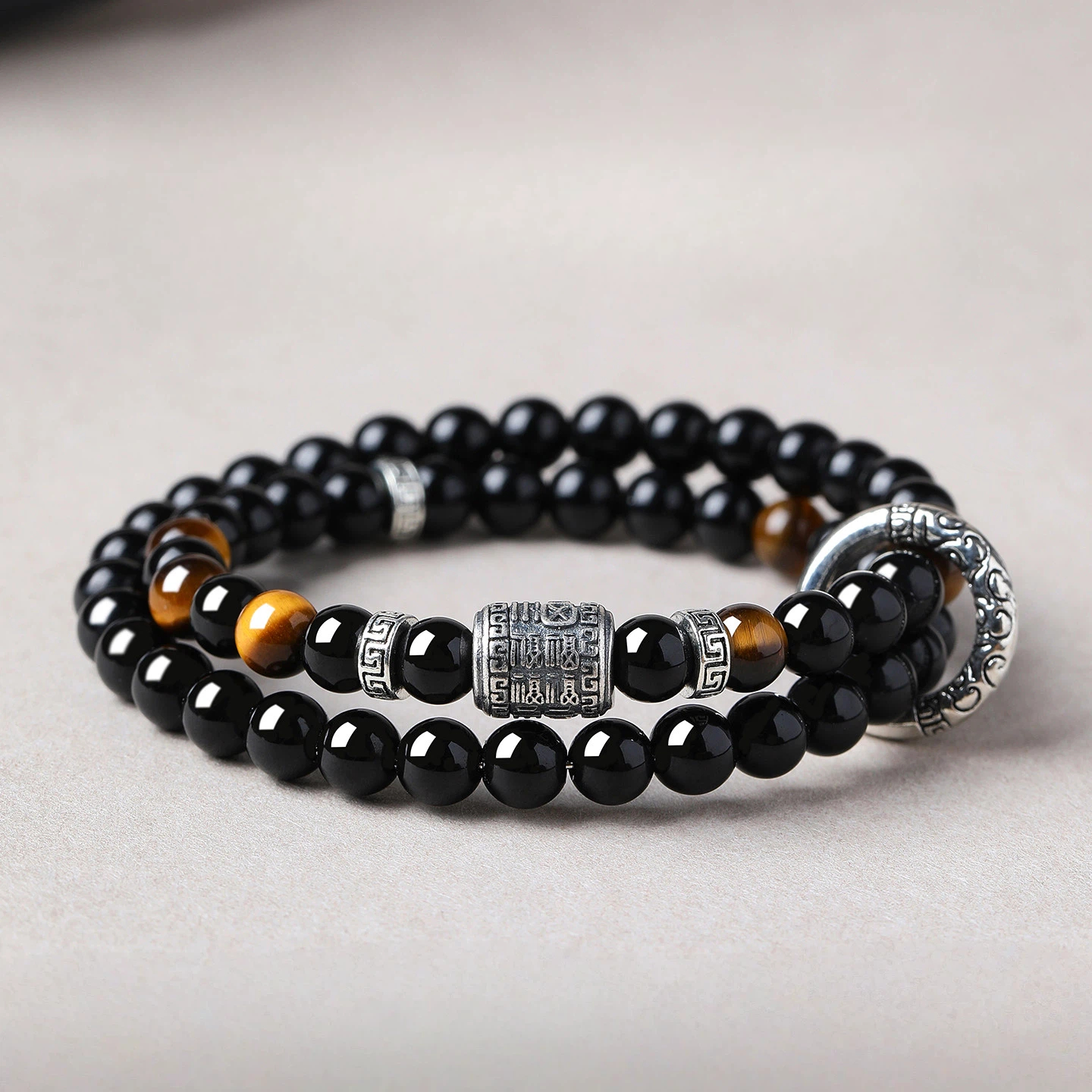Obsidian Tiger Eye Sterling Silver Double Loop Bracelet, Wealth Luck, Valentine Gift for Boyfriend