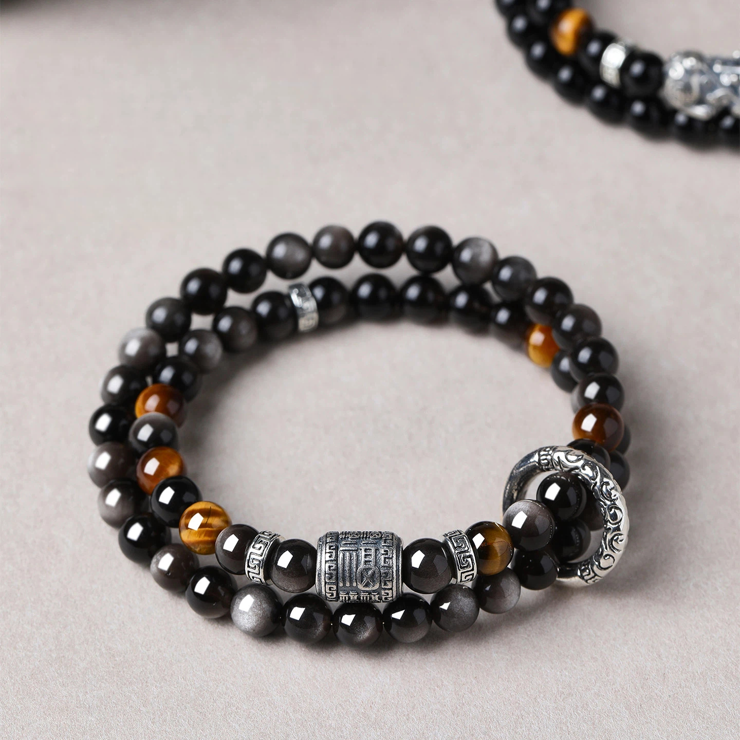 Obsidian Tiger Eye Sterling Silver Double Loop Bracelet, Wealth Luck, Valentine Gift for Boyfriend