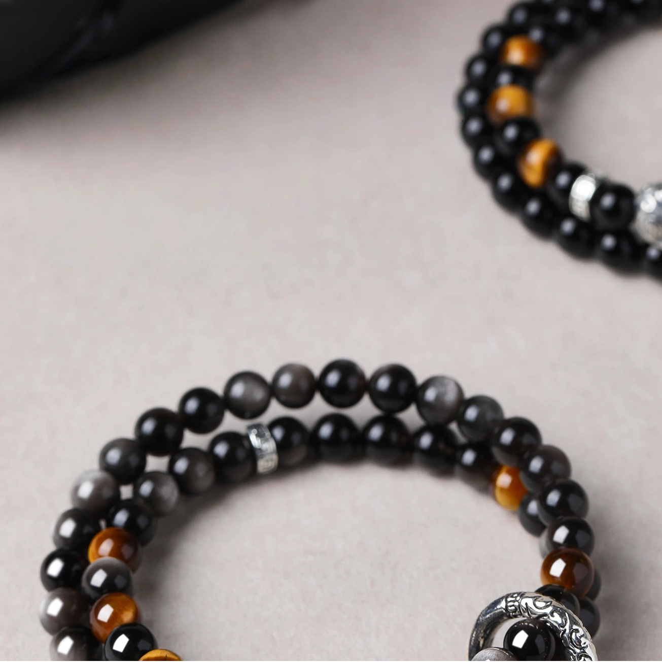 Obsidian Tiger Eye Sterling Silver Double Loop Bracelet, Wealth Luck, Valentine Gift for Boyfriend