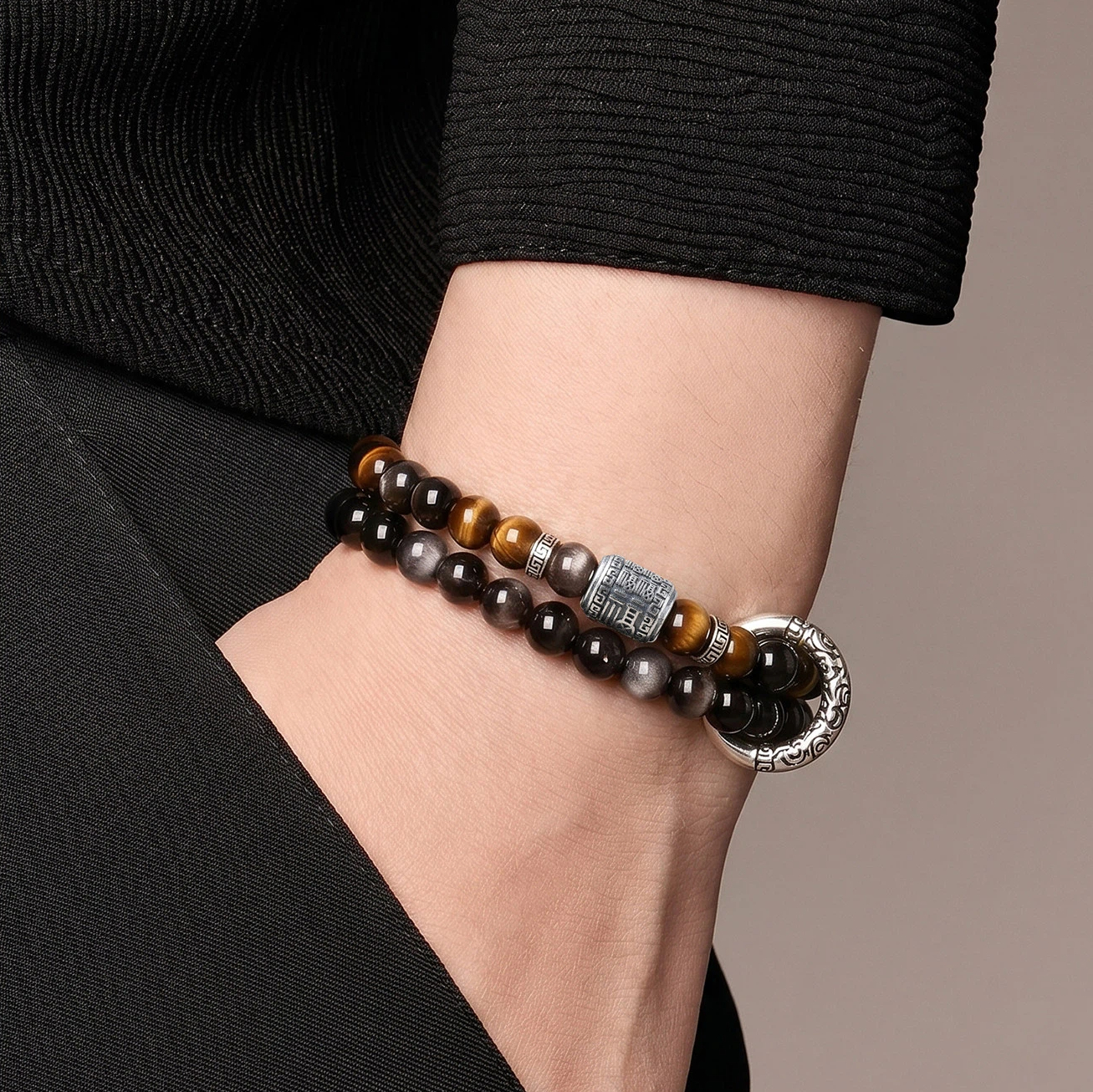 Obsidian Tiger Eye Sterling Silver Double Loop Bracelet, Wealth Luck, Valentine Gift for Boyfriend