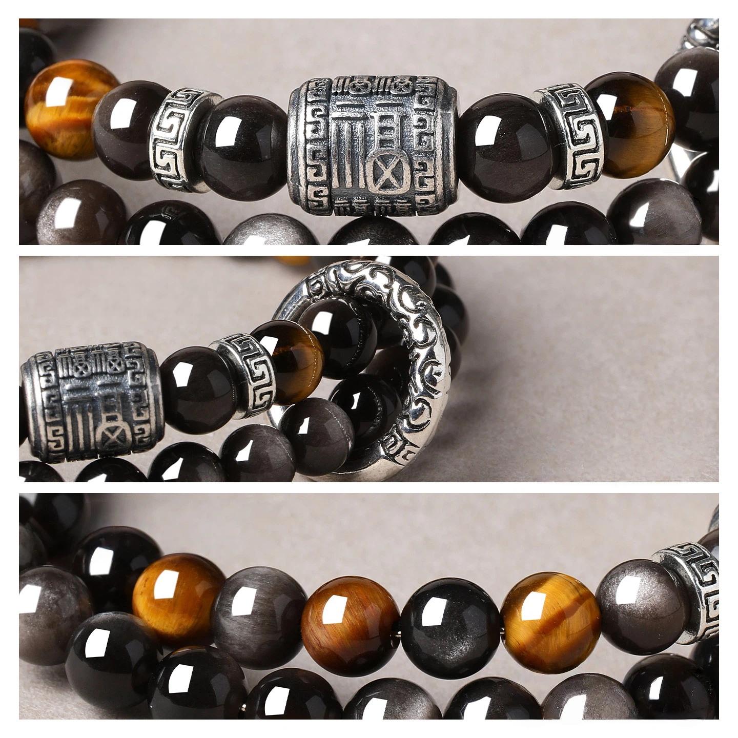 Obsidian Tiger Eye Sterling Silver Double Loop Bracelet, Wealth Luck, Valentine Gift for Boyfriend