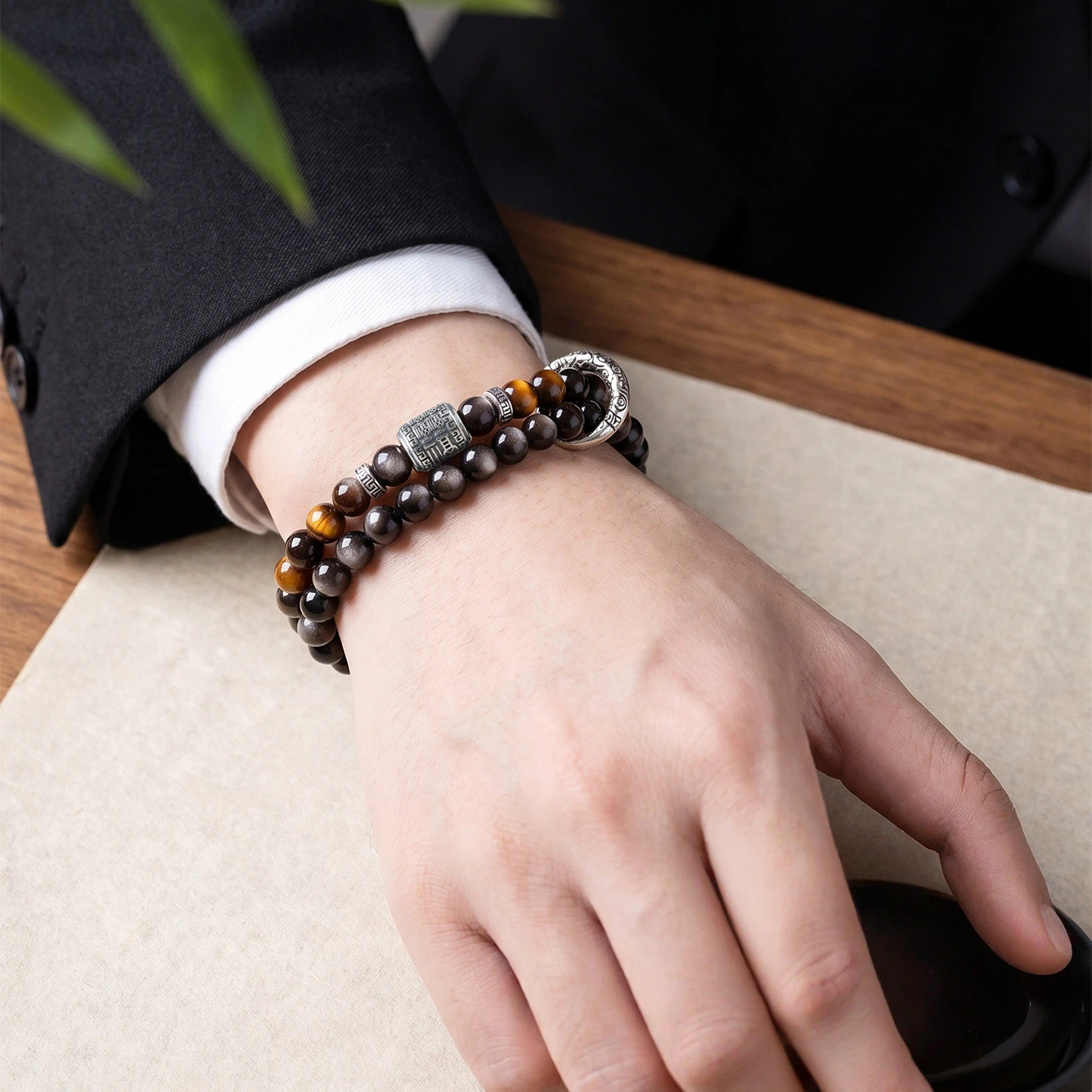 Obsidian Tiger Eye Sterling Silver Double Loop Bracelet, Wealth Luck, Valentine Gift for Boyfriend