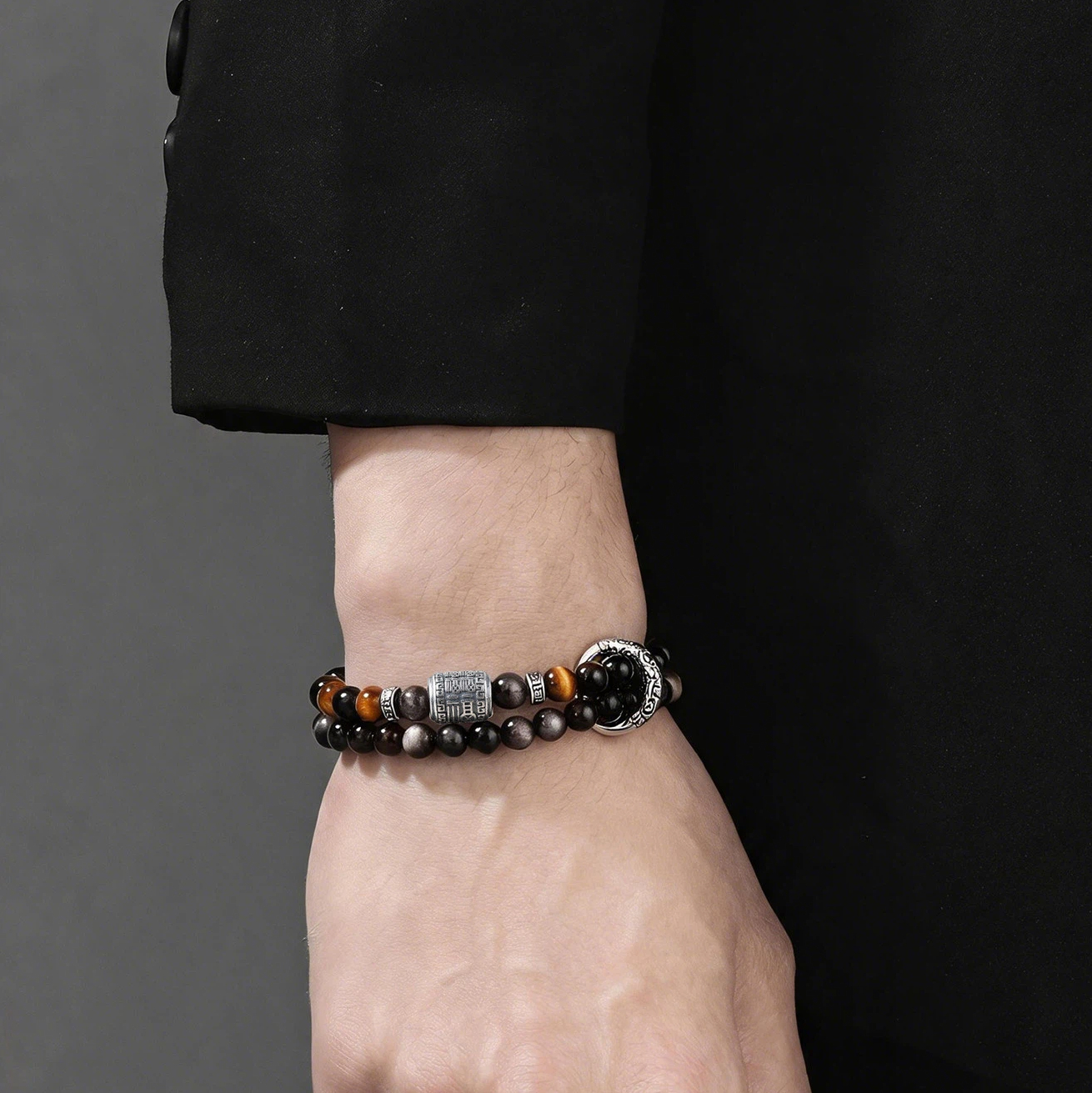Obsidian Tiger Eye Sterling Silver Double Loop Bracelet, Wealth Luck, Valentine Gift for Boyfriend