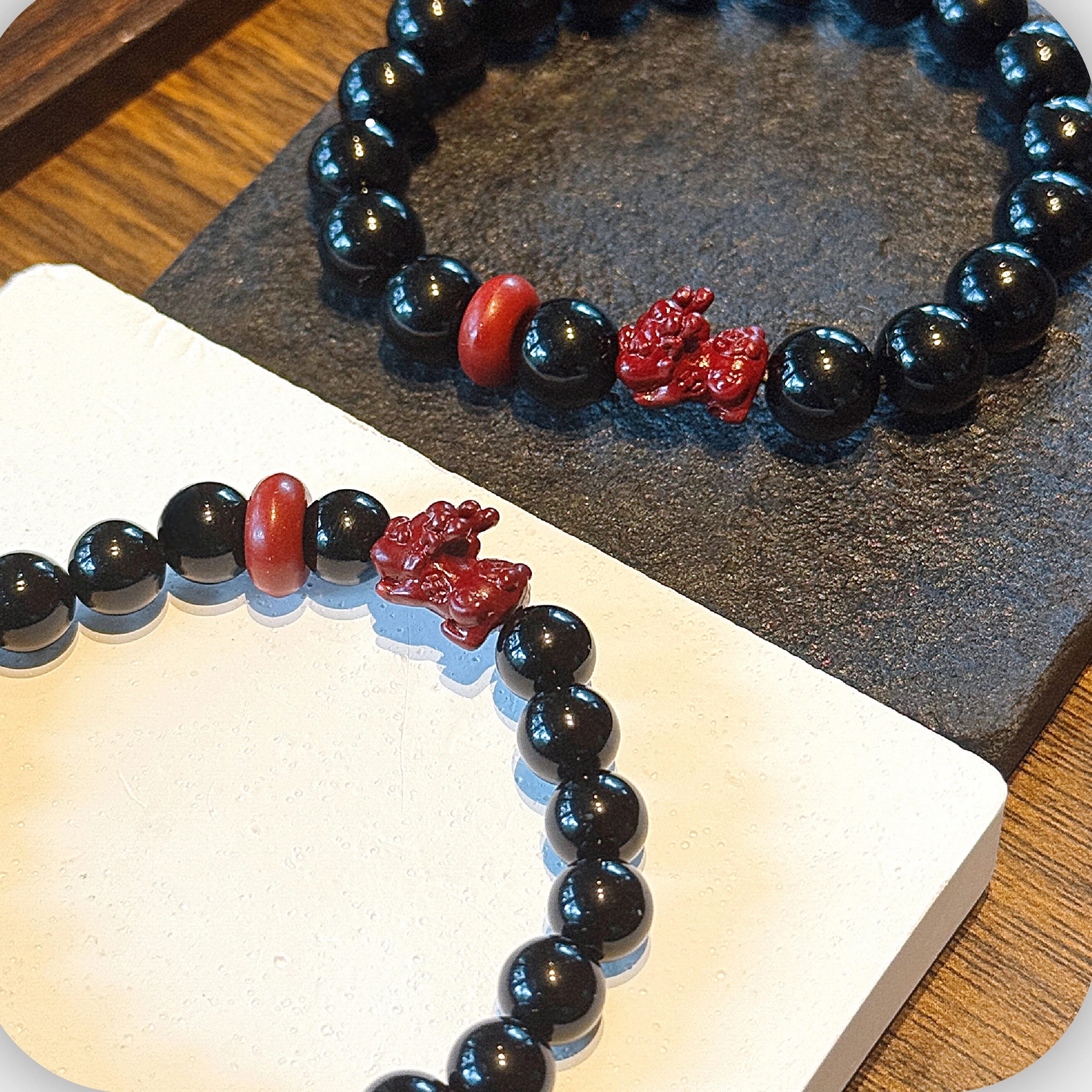 Obsidian & Cinnabar Pixiu Couple Bracelet, Premium Anniversary Gift