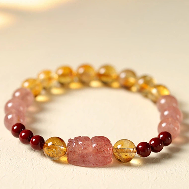 Citrine Cinnabar Strawberry Quartz Pixiu Bracelet, Wealth & Luck for Women