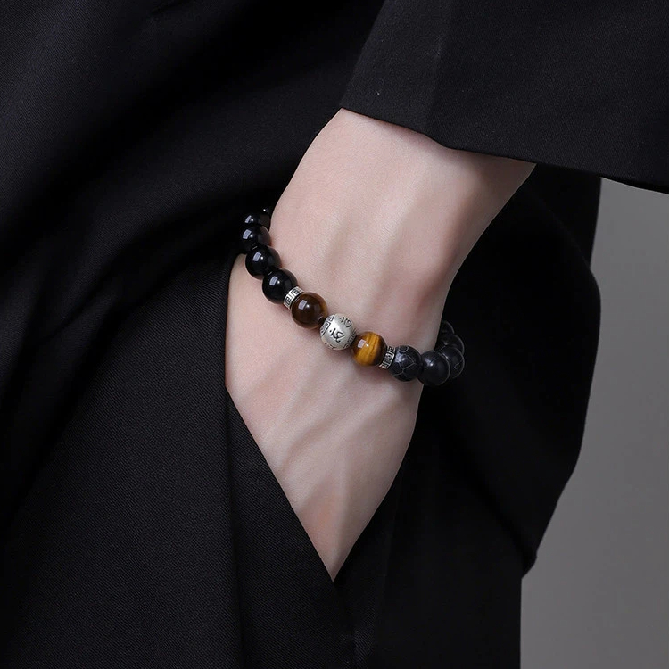 Sterling Silver Black Agate Tiger Eye Six-Character Mantra Bracelet, Good Luck Valentine's Day Gift
