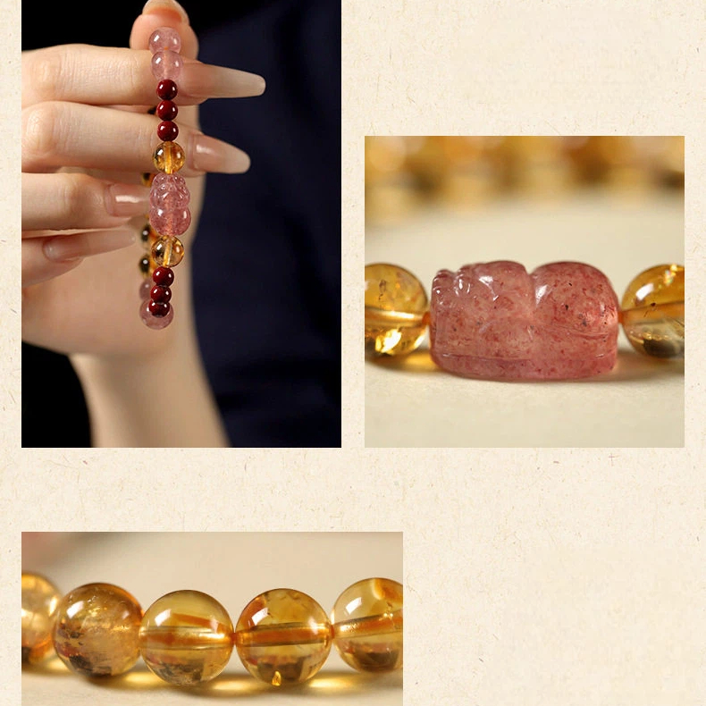 Citrine Cinnabar Strawberry Quartz Pixiu Bracelet, Wealth & Luck for Women