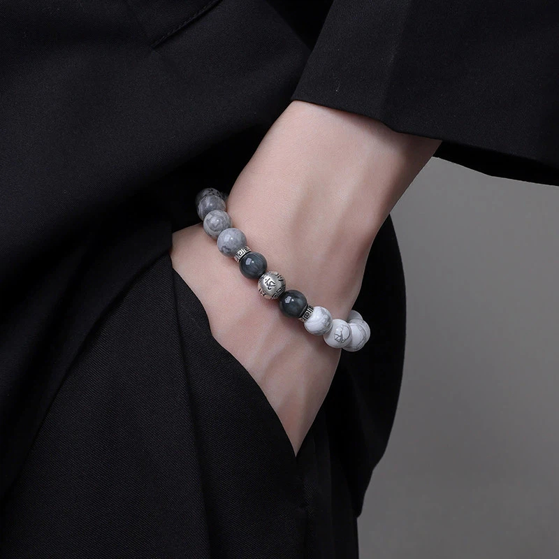 Sterling Silver Black Agate Tiger Eye Six-Character Mantra Bracelet, Good Luck Valentine's Day Gift
