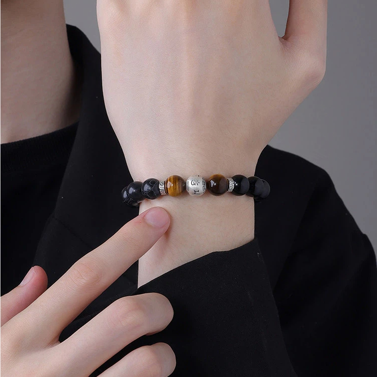 Sterling Silver Black Agate Tiger Eye Six-Character Mantra Bracelet, Good Luck Valentine's Day Gift