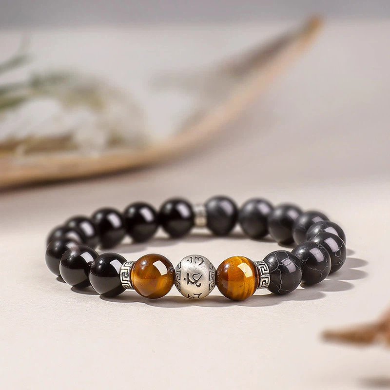 Sterling Silver Black Agate Tiger Eye Six-Character Mantra Bracelet, Good Luck Valentine's Day Gift