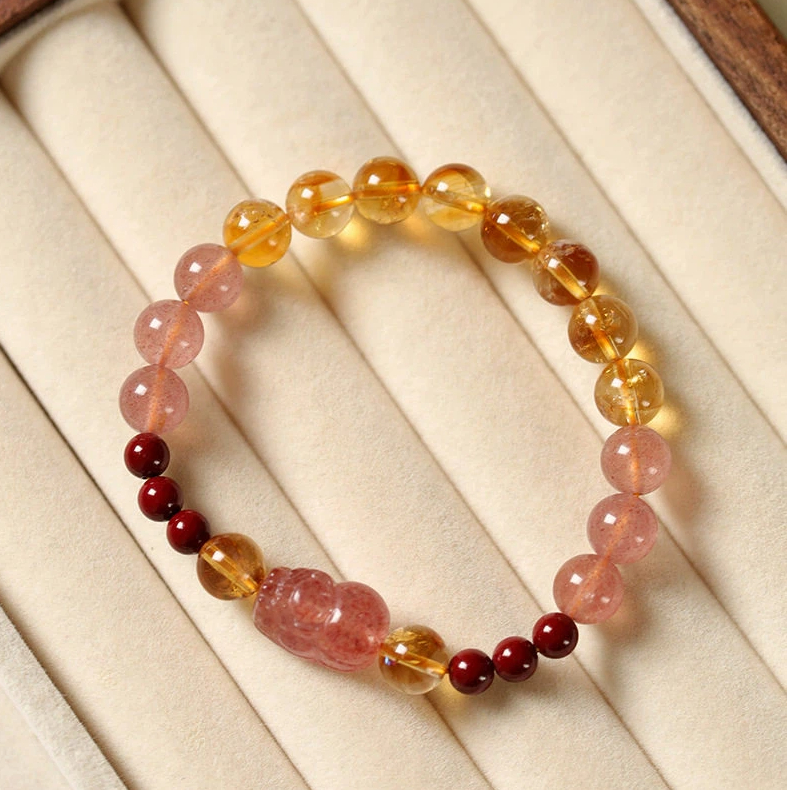 Citrine Cinnabar Strawberry Quartz Pixiu Bracelet, Wealth & Luck for Women