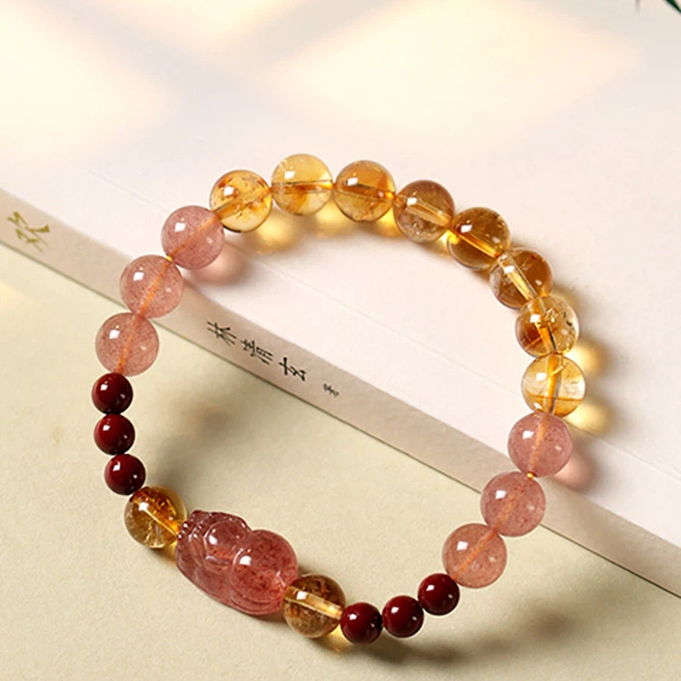 Citrine Cinnabar Strawberry Quartz Pixiu Bracelet, Wealth & Luck for Women