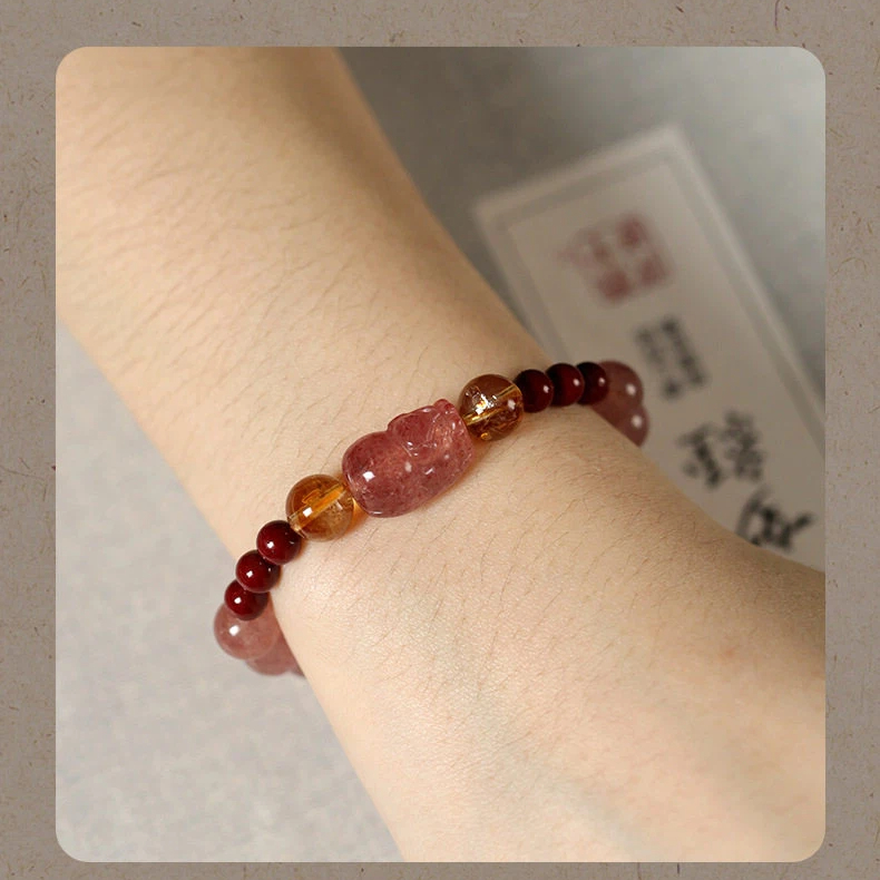 Citrine Cinnabar Strawberry Quartz Pixiu Bracelet, Wealth & Luck for Women