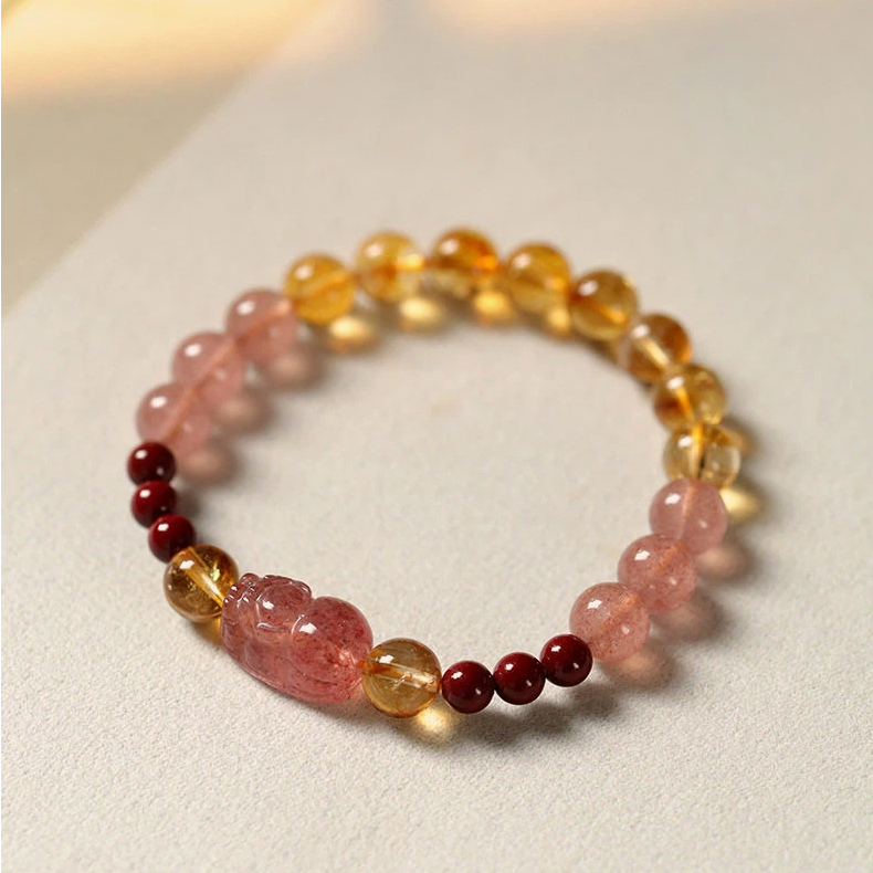 Citrine Cinnabar Strawberry Quartz Pixiu Bracelet, Wealth & Luck for Women