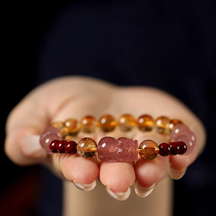 Citrine Cinnabar Strawberry Quartz Pixiu Bracelet, Wealth & Luck for Women
