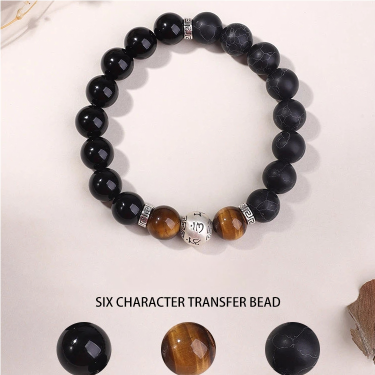 Sterling Silver Black Agate Tiger Eye Six-Character Mantra Bracelet, Good Luck Valentine's Day Gift