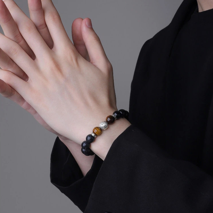 Sterling Silver Black Agate Tiger Eye Six-Character Mantra Bracelet, Good Luck Valentine's Day Gift