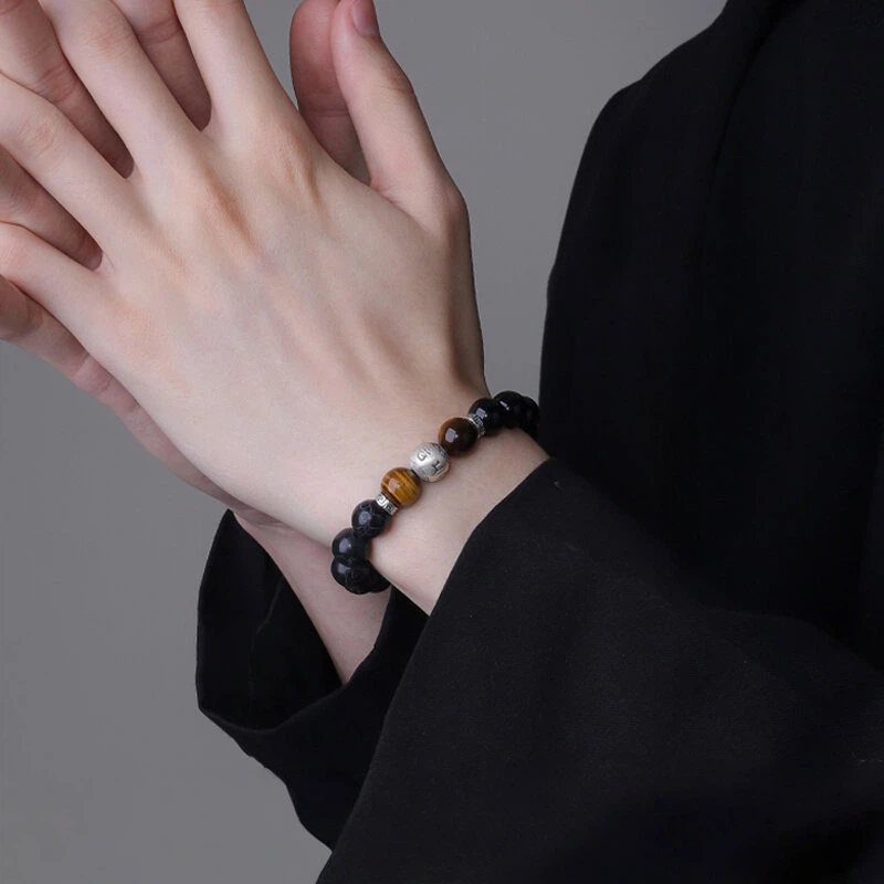 Sterling Silver Black Agate Tiger Eye Six-Character Mantra Bracelet, Good Luck Valentine's Day Gift