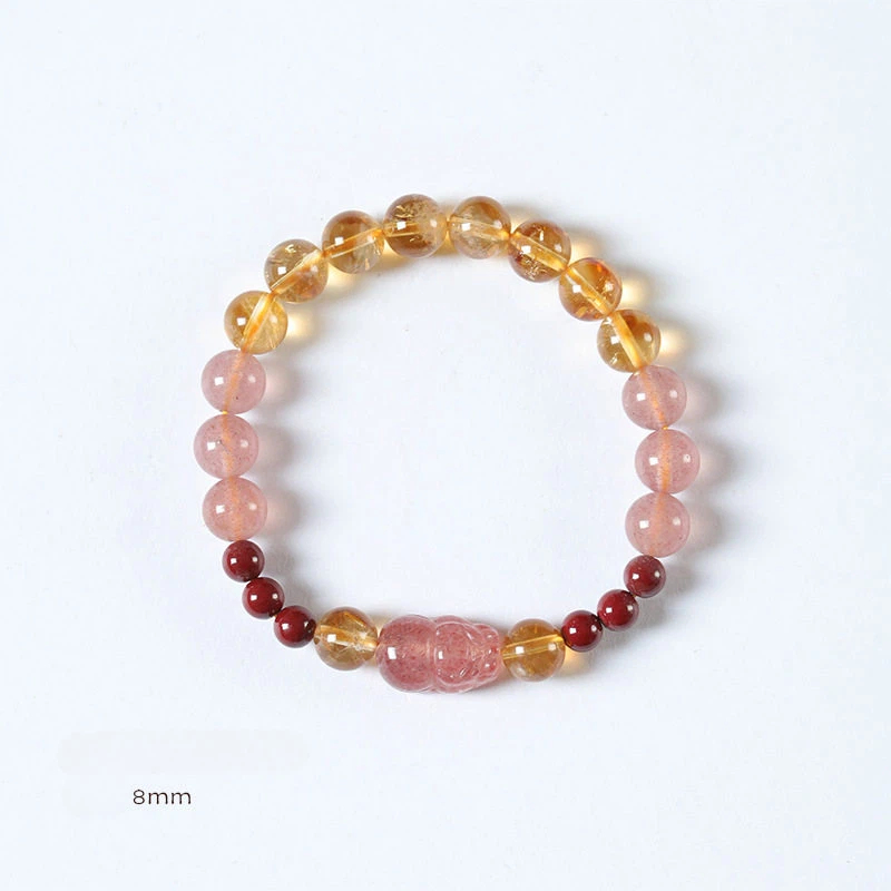 Citrine Cinnabar Strawberry Quartz Pixiu Bracelet, Wealth & Luck for Women