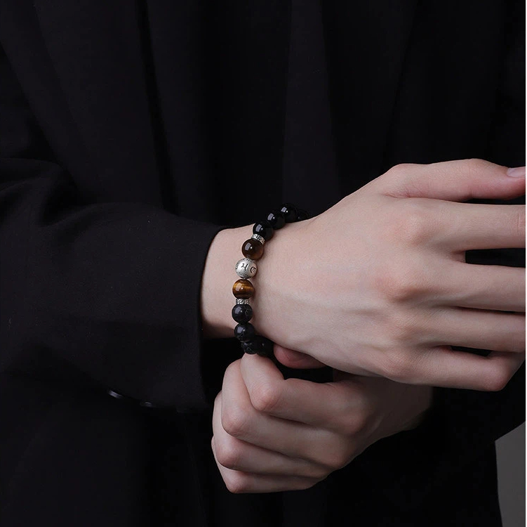 Sterling Silver Black Agate Tiger Eye Six-Character Mantra Bracelet, Good Luck Valentine's Day Gift