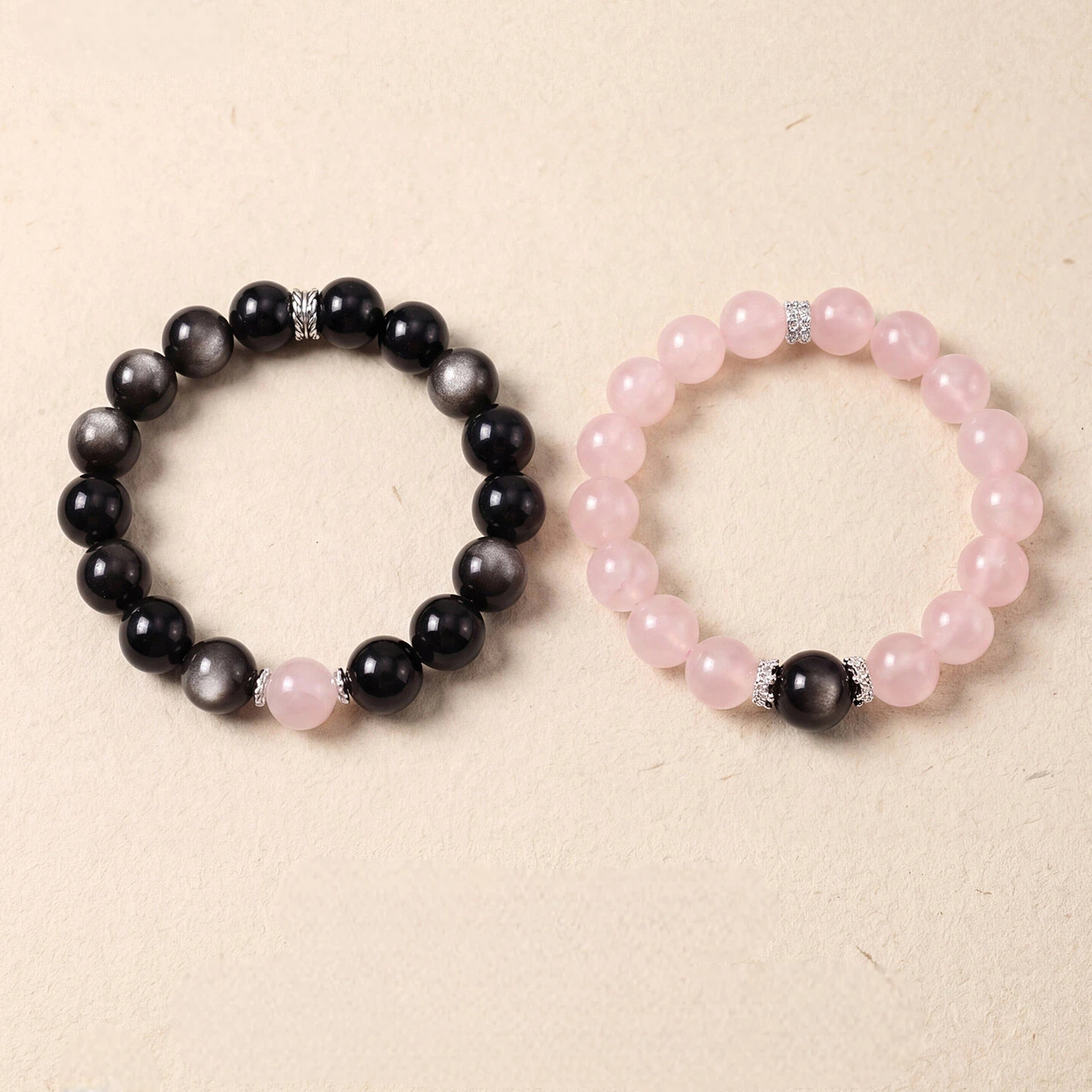 Rose Quartz & Silver Obsidian Couple Bracelets, Valentine's Day Anniversary Gift