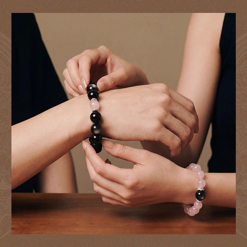 Rose Quartz & Silver Obsidian Couple Bracelets, Valentine's Day Anniversary Gift