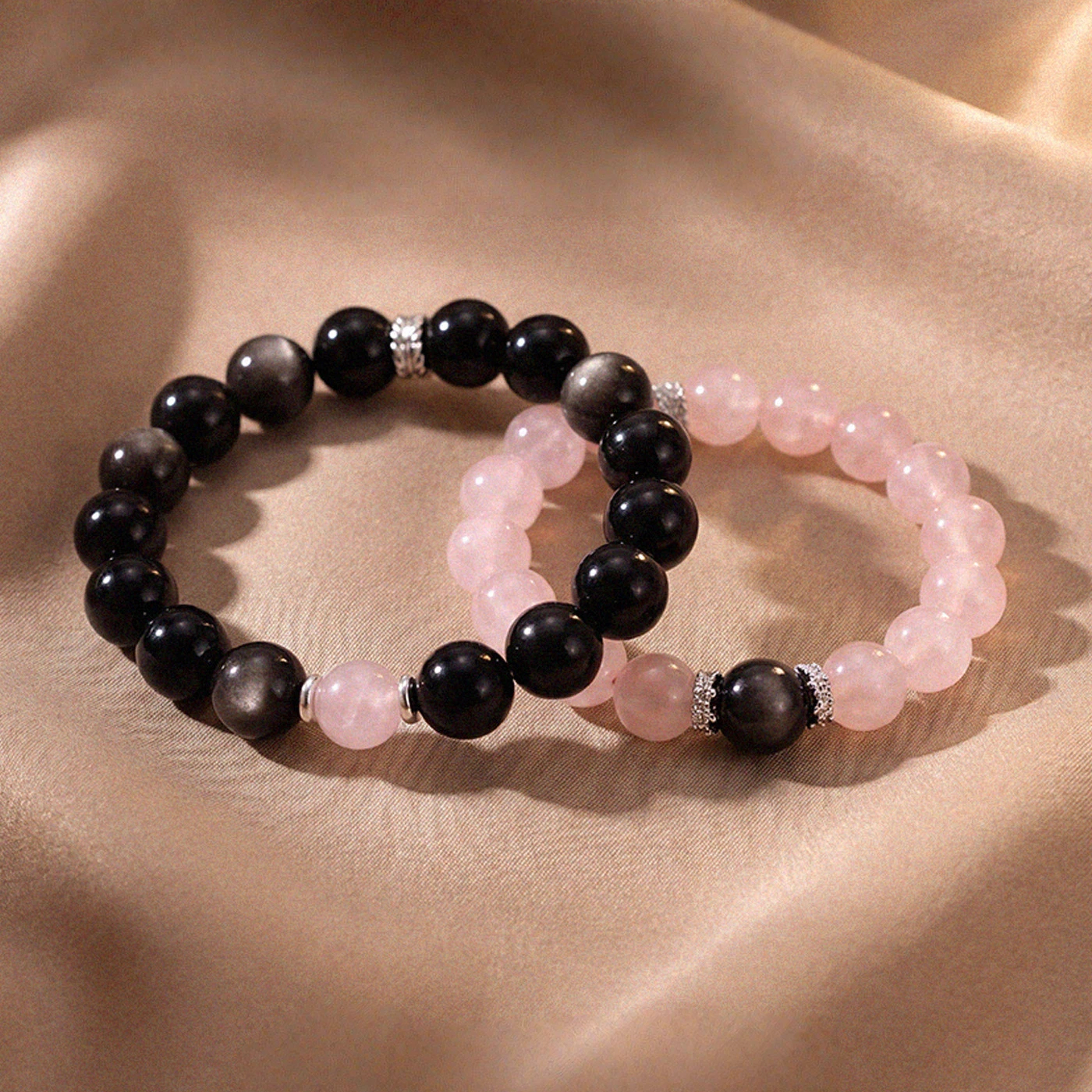 Rose Quartz & Silver Obsidian Couple Bracelets, Valentine's Day Anniversary Gift