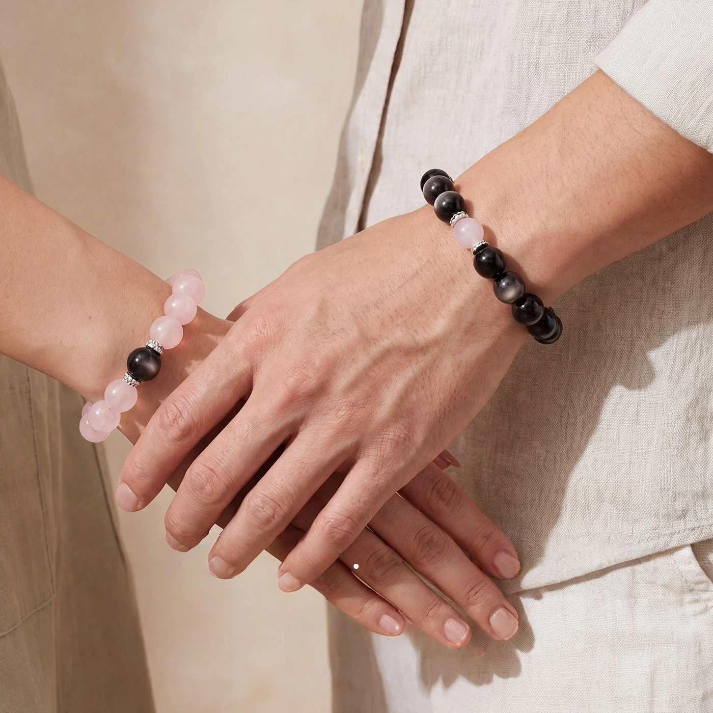 Rose Quartz & Silver Obsidian Couple Bracelets, Valentine's Day Anniversary Gift