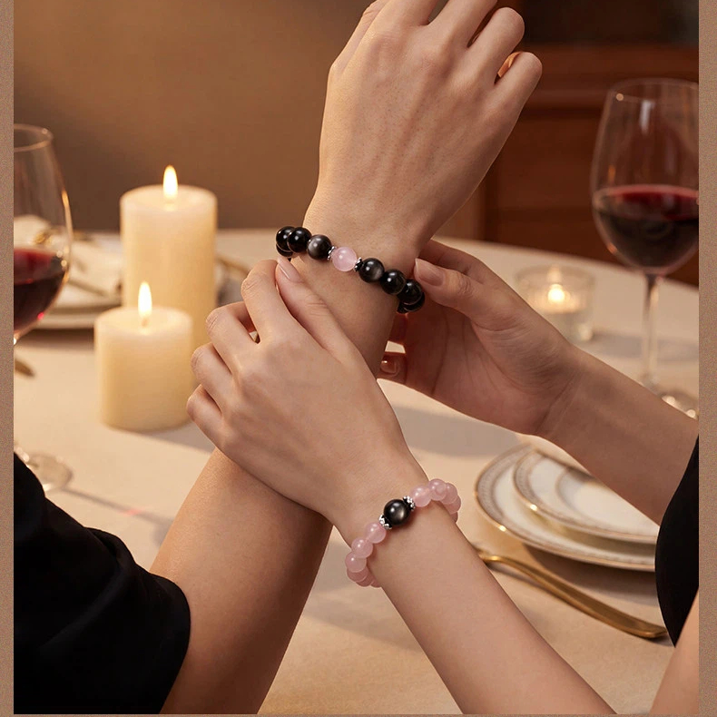 Rose Quartz & Silver Obsidian Couple Bracelets, Valentine's Day Anniversary Gift