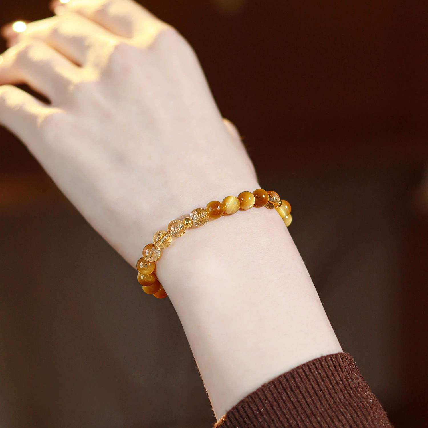 Natural Golden Tiger‑Eye & Citrine Bracelet, Wealth Luck Jewelry, Women Gift