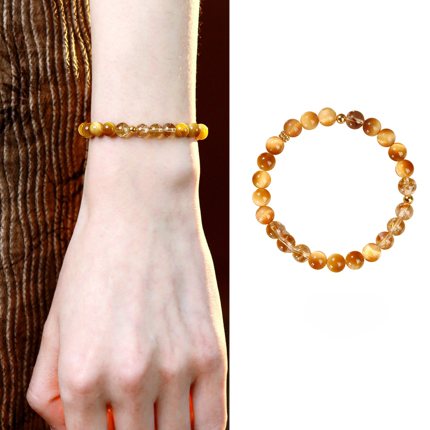 Natural Golden Tiger‑Eye & Citrine Bracelet, Wealth Luck Jewelry, Women Gift