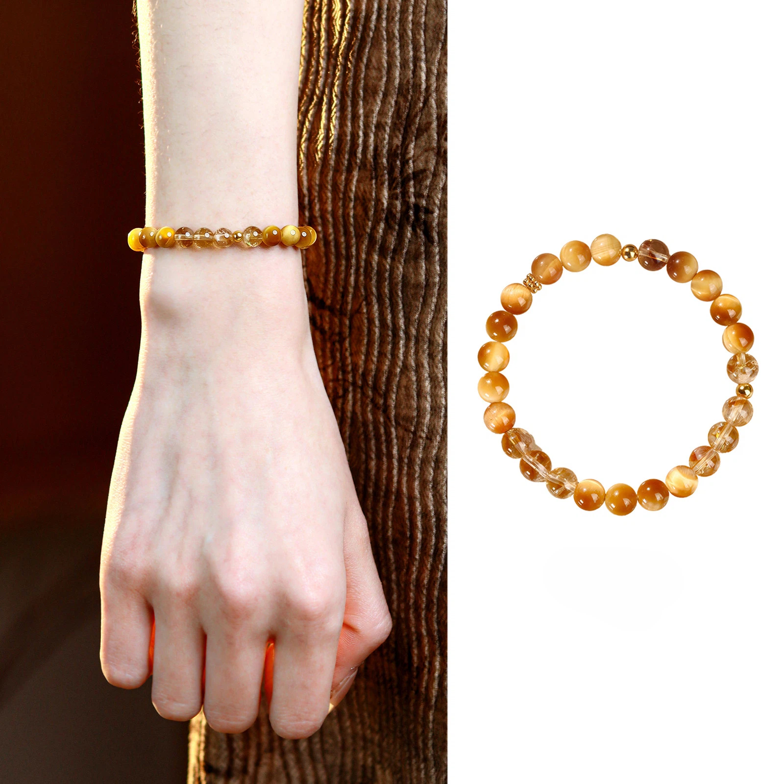 Natural Golden Tiger‑Eye & Citrine Bracelet, Wealth Luck Jewelry, Women Gift