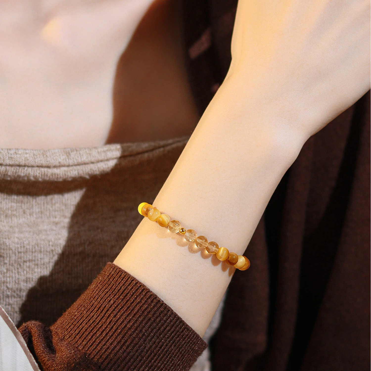 Natural Golden Tiger‑Eye & Citrine Bracelet, Wealth Luck Jewelry, Women Gift