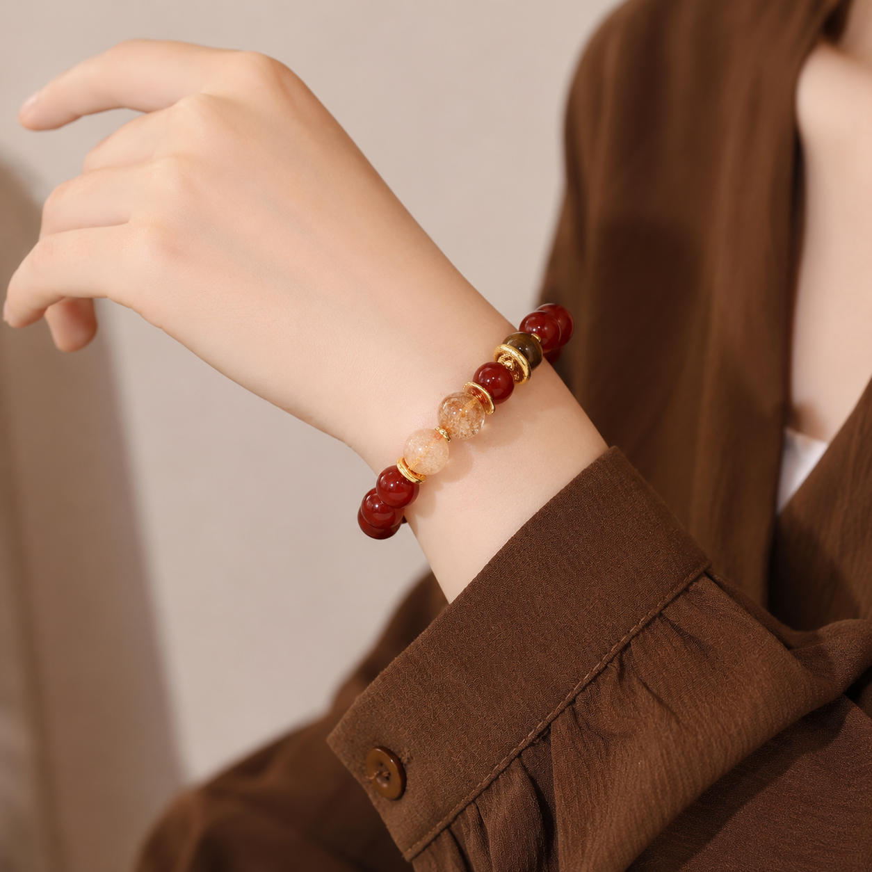 Wealth‑Bringing Citrine & Red Agate Bracelet, Luxury Lucky Bead Jewelry, Gift for Women