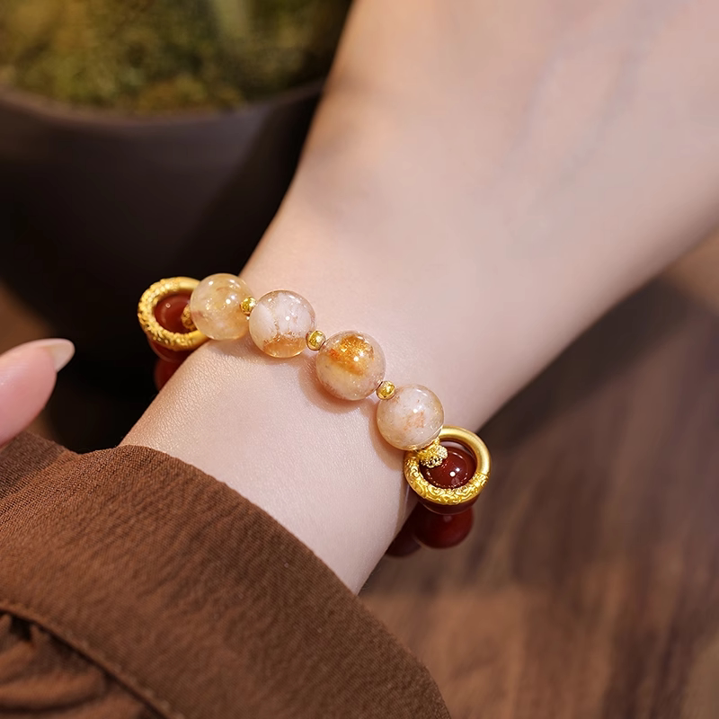 Wealth‑Bringing Citrine & Red Agate Bracelet, Luxury Lucky Bead Jewelry, Gift for Women