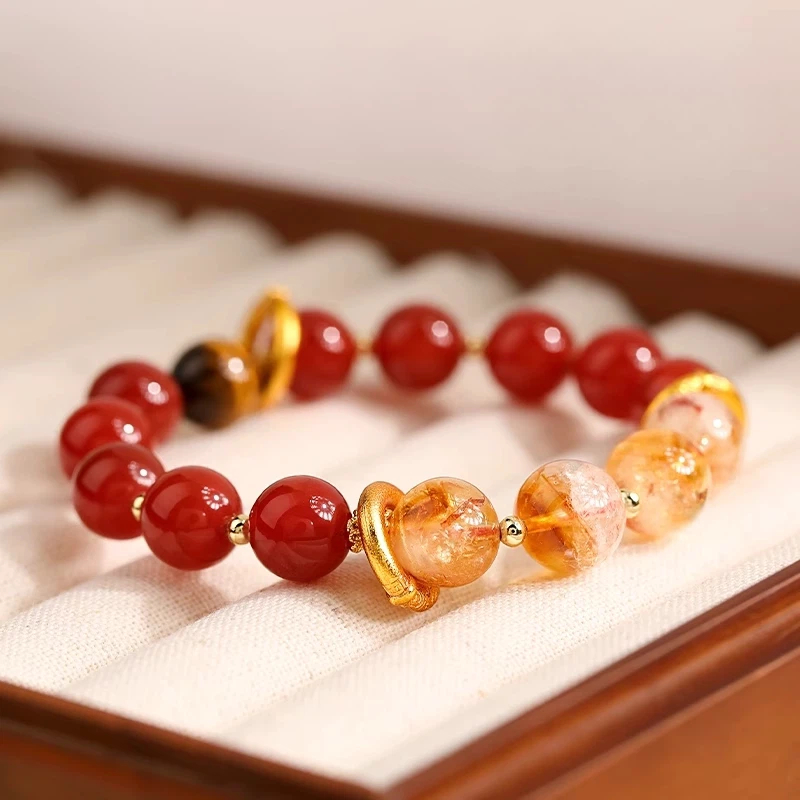 Wealth‑Bringing Citrine & Red Agate Bracelet, Luxury Lucky Bead Jewelry, Gift for Women
