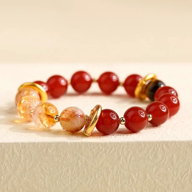 Wealth‑Bringing Citrine & Red Agate Bracelet, Luxury Lucky Bead Jewelry, Gift for Women