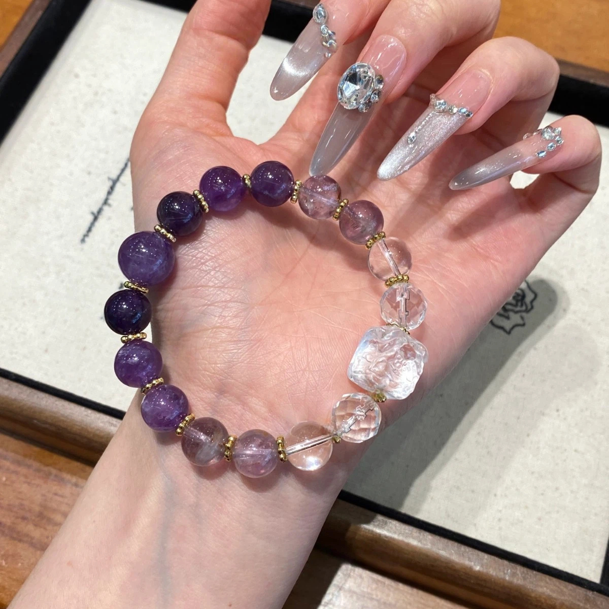 Gradient Amethyst Nine-Tailed Fox Bracelet, Faceted Clear Quartz Spiritual Gift