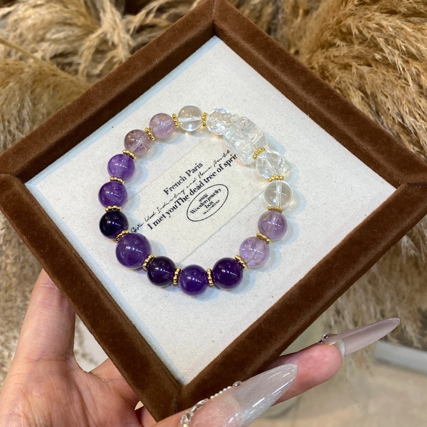 Gradient Amethyst Nine-Tailed Fox Bracelet, Faceted Clear Quartz Spiritual Gift