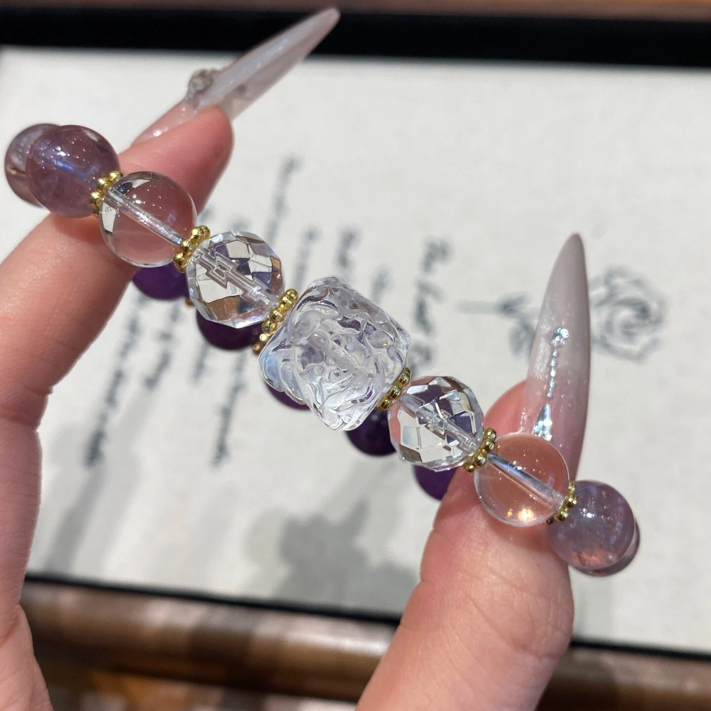 Gradient Amethyst Nine-Tailed Fox Bracelet, Faceted Clear Quartz Spiritual Gift