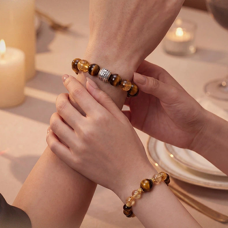 Tiger Eye & Citrine Couple Bracelets, Wealth Luck Valentine's Day Gift