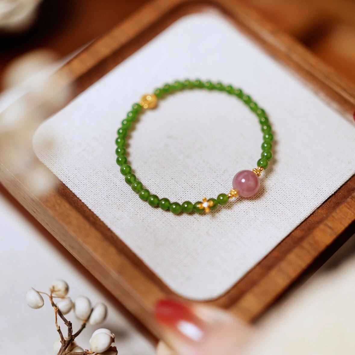 Madagascar Rose Quartz & Hetian Jade Bracelet, Gold-Plated Wealth Luck Gift