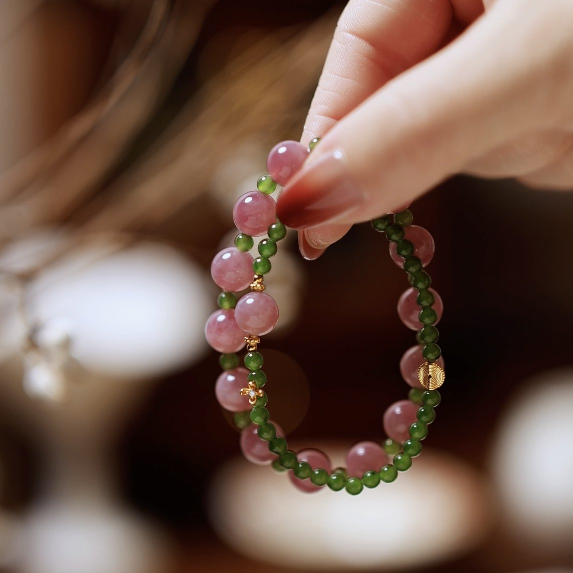 Madagascar Rose Quartz & Hetian Jade Bracelet, Gold-Plated Wealth Luck Gift
