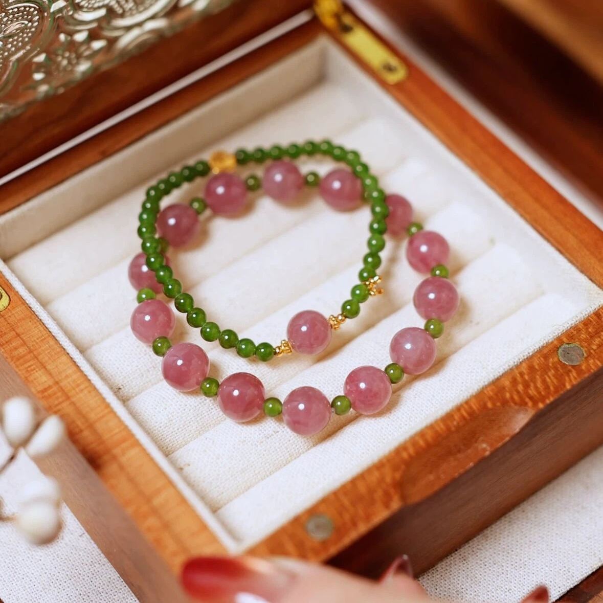 Madagascar Rose Quartz & Hetian Jade Bracelet, Gold-Plated Wealth Luck Gift