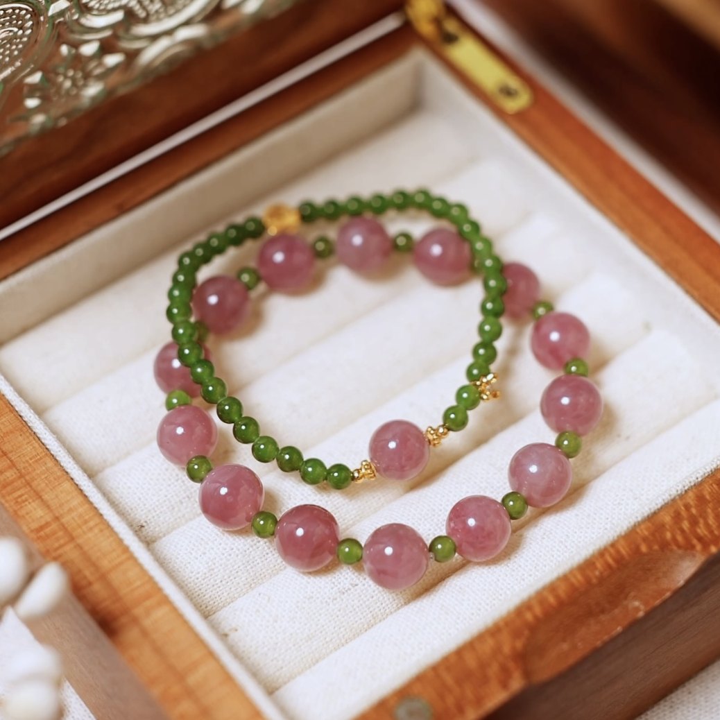Madagascar Rose Quartz & Hetian Jade Bracelet, Gold-Plated Wealth Luck Gift