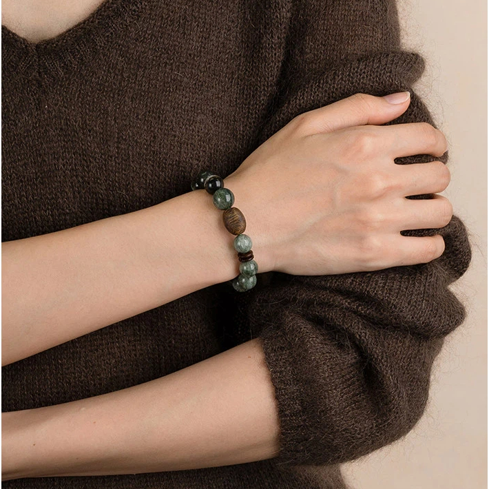 Green Rutilated Quartz & Green Phantom Agarwood Bracelet, Career Wealth Gift
