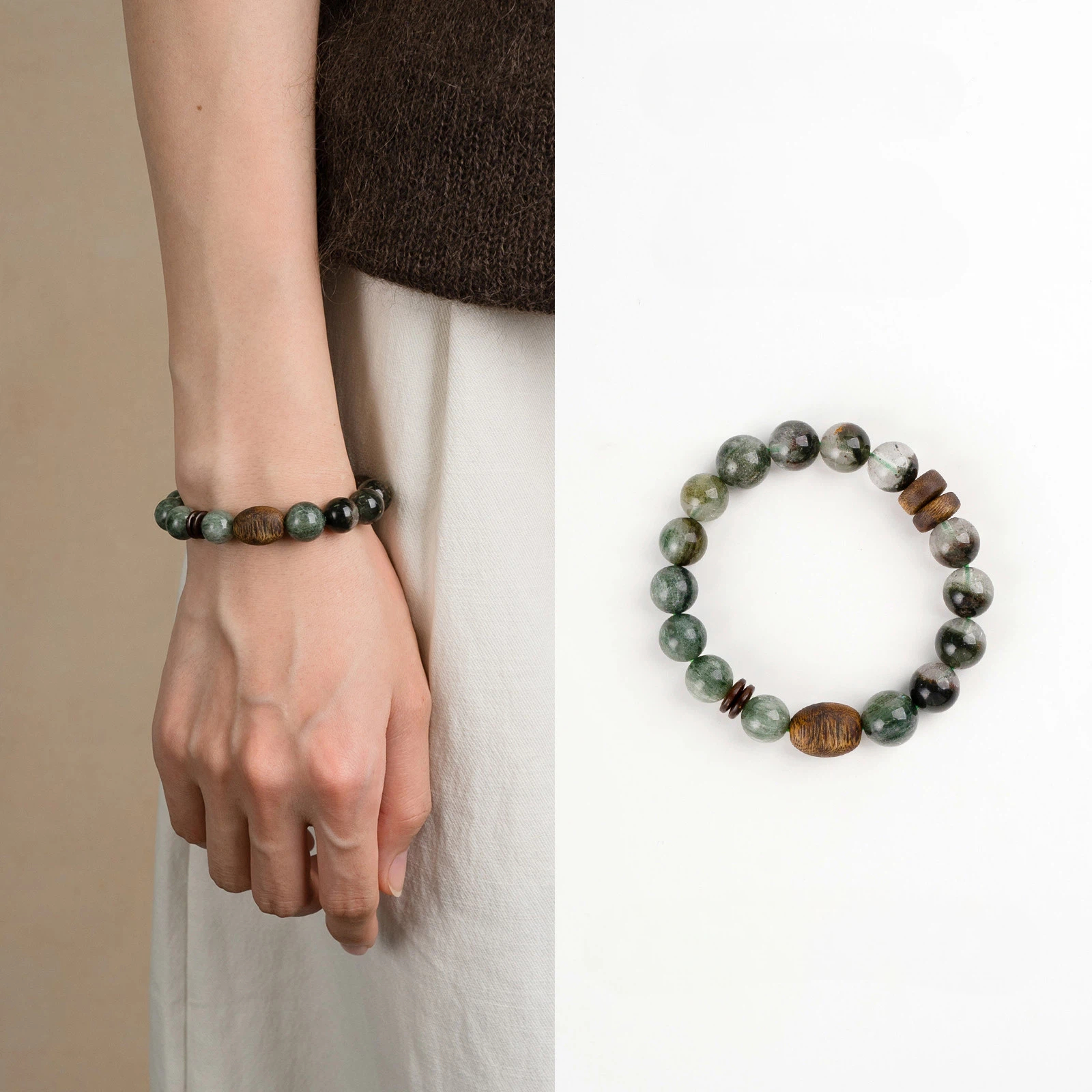 Green Rutilated Quartz & Green Phantom Agarwood Bracelet, Career Wealth Gift