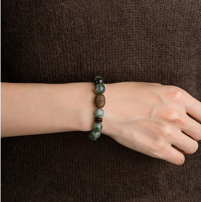 Green Rutilated Quartz & Green Phantom Agarwood Bracelet, Career Wealth Gift