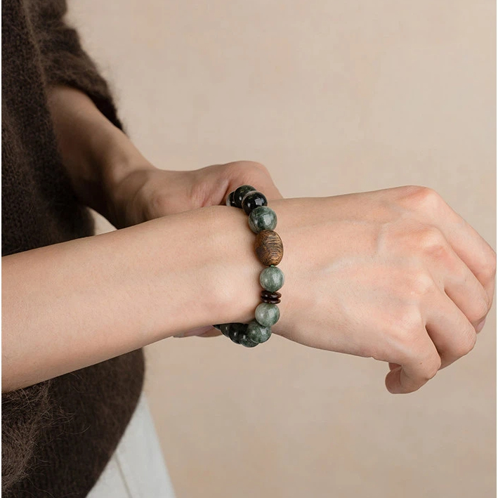 Green Rutilated Quartz & Green Phantom Agarwood Bracelet, Career Wealth Gift