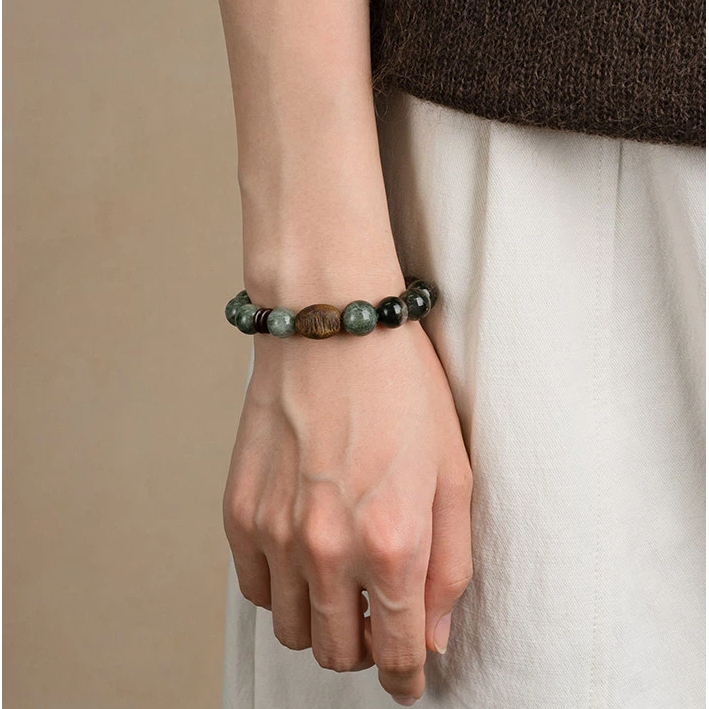 Green Rutilated Quartz & Green Phantom Agarwood Bracelet, Career Wealth Gift